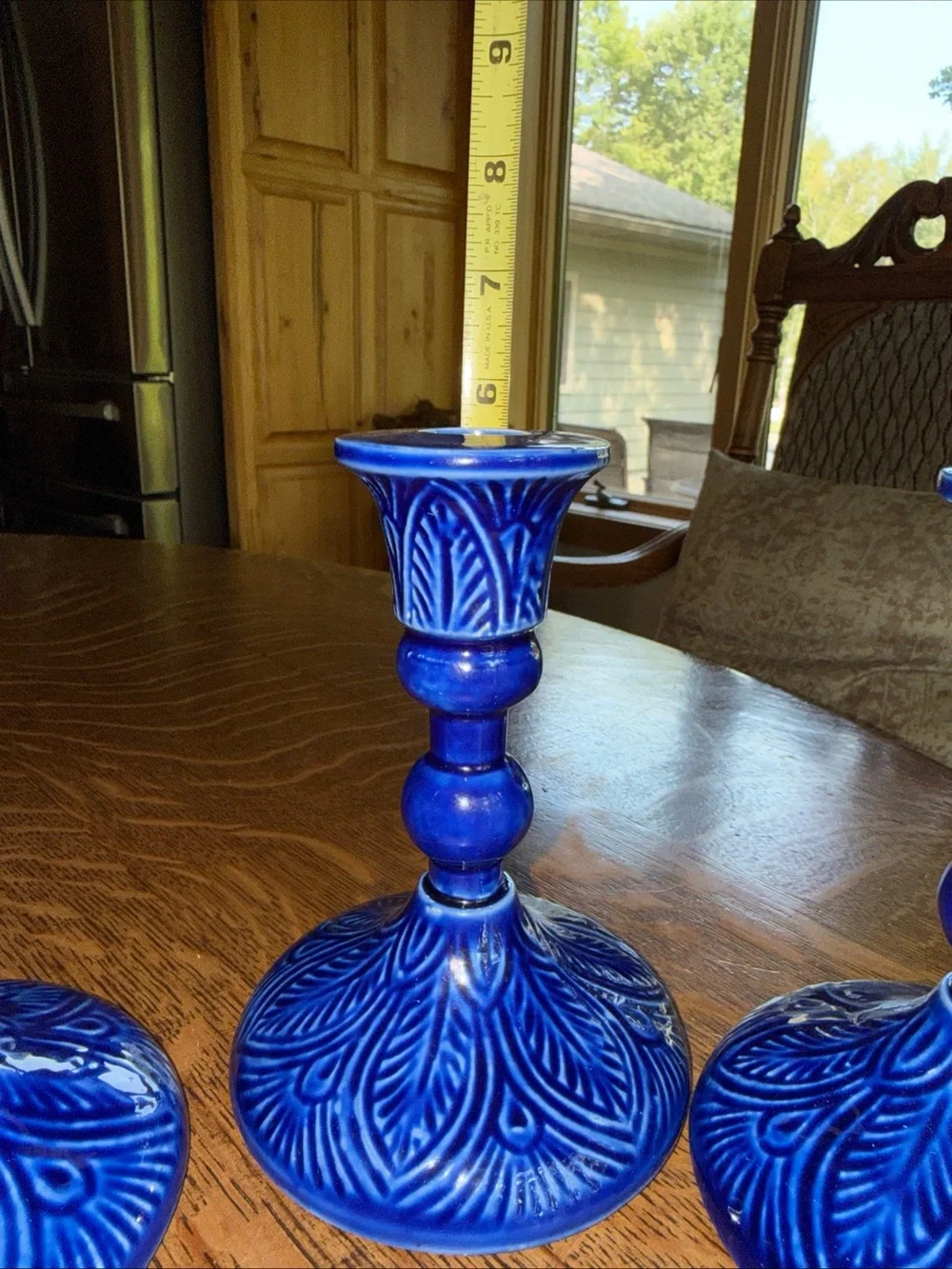 Bright Blue Embossed Ceramic Candlestick Holders - Set of 3